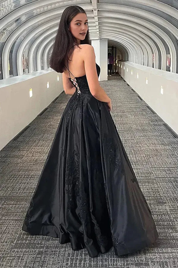 Vestido Weitese con tirantes finos brillantes, vestido de fiesta largo negro con apliques